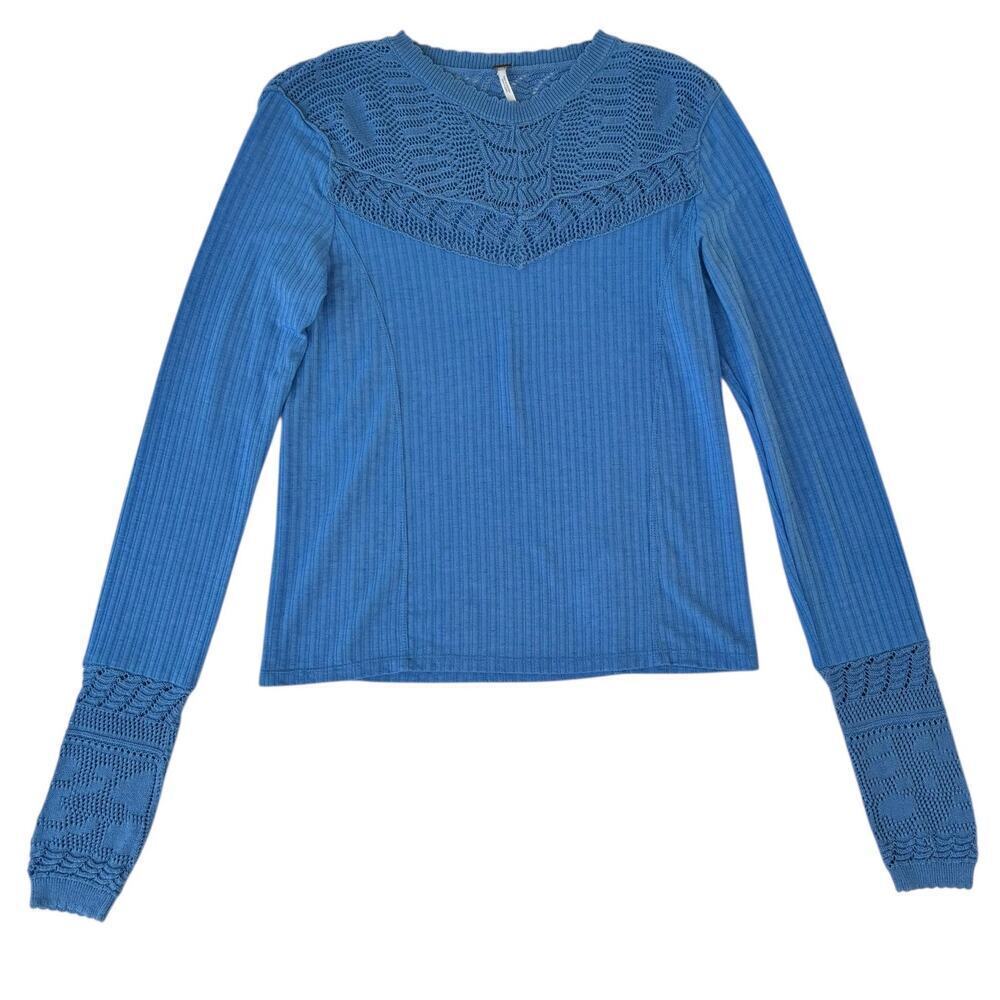 Free People Colette Knit Top Size S Color- Calendula Lacey Yoke Blue